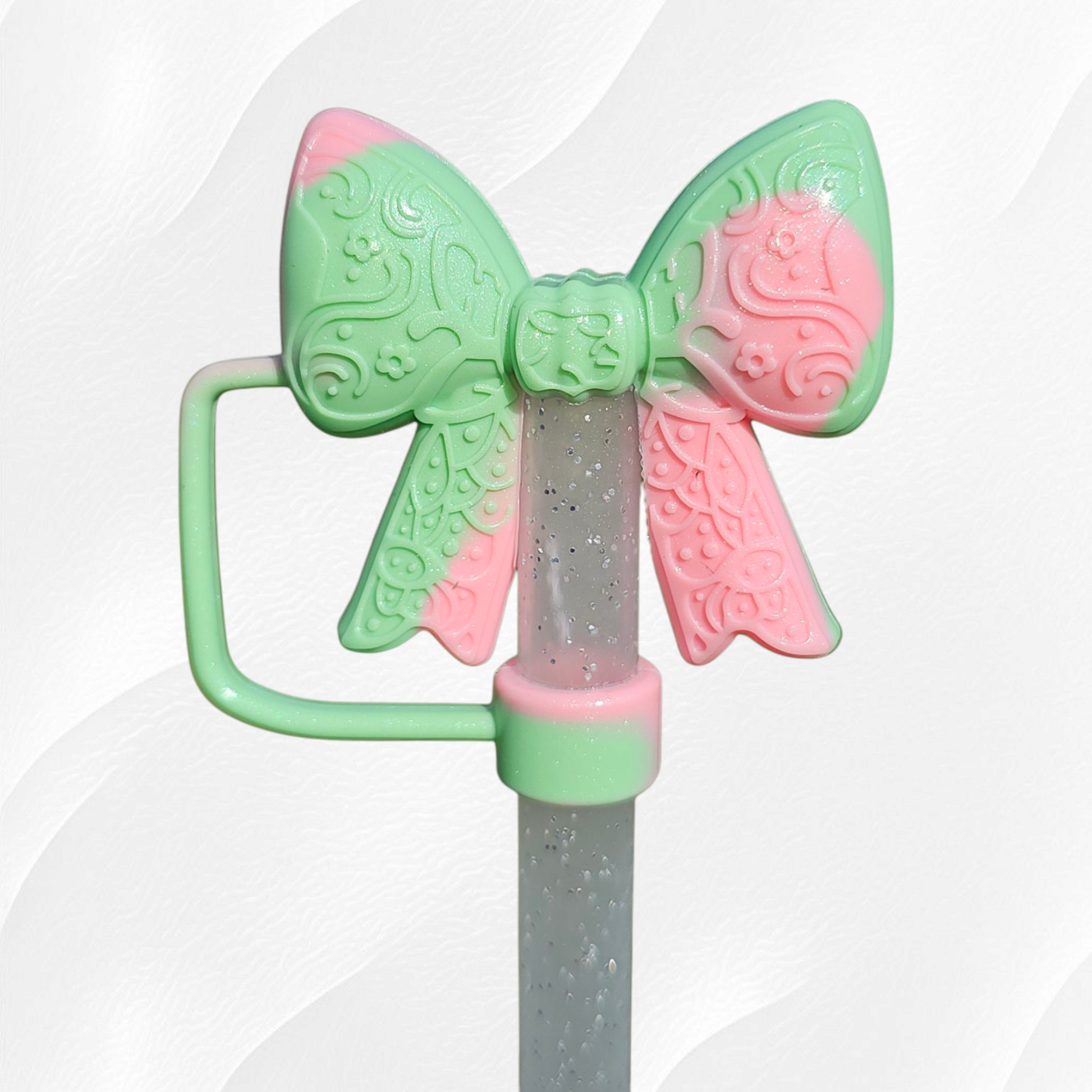 Pink and green Watermelon Shimmer Swirl Shimmer 3D Lace Ribbon Bow Silicone Straw Topper. 