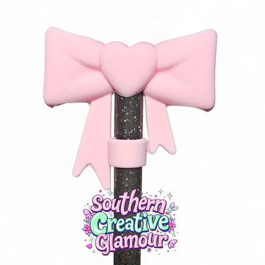 Pink 3D Heart Bow Silicone 10mm Straw Topper by Southern Creative Glamour 