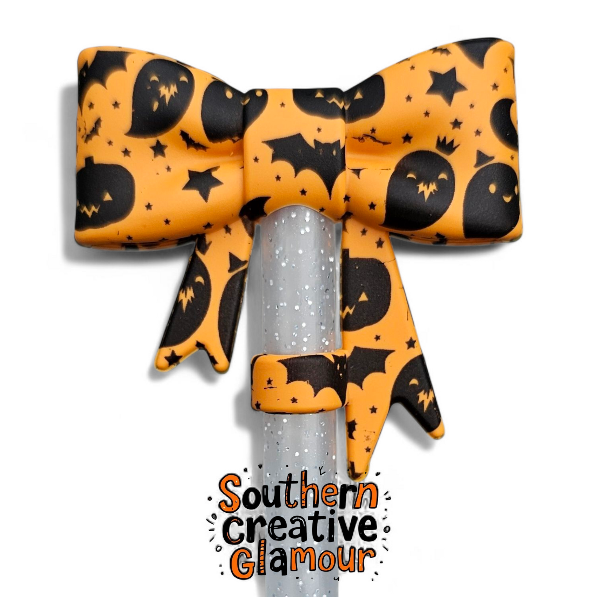 Orange Halloween Bow with Black Ghost & Bats Silicone 10mm Straw Topper by Southern Creative Glamour 