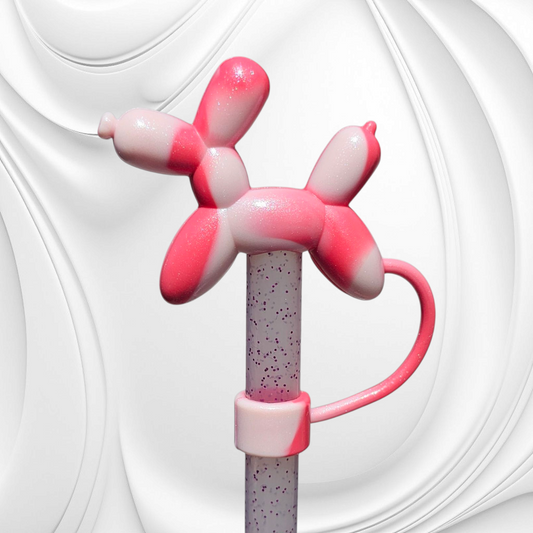 Hot Coral Shimmer 3D Silicone Balloon Dog Straw Topper by Southern Creative Glamour 