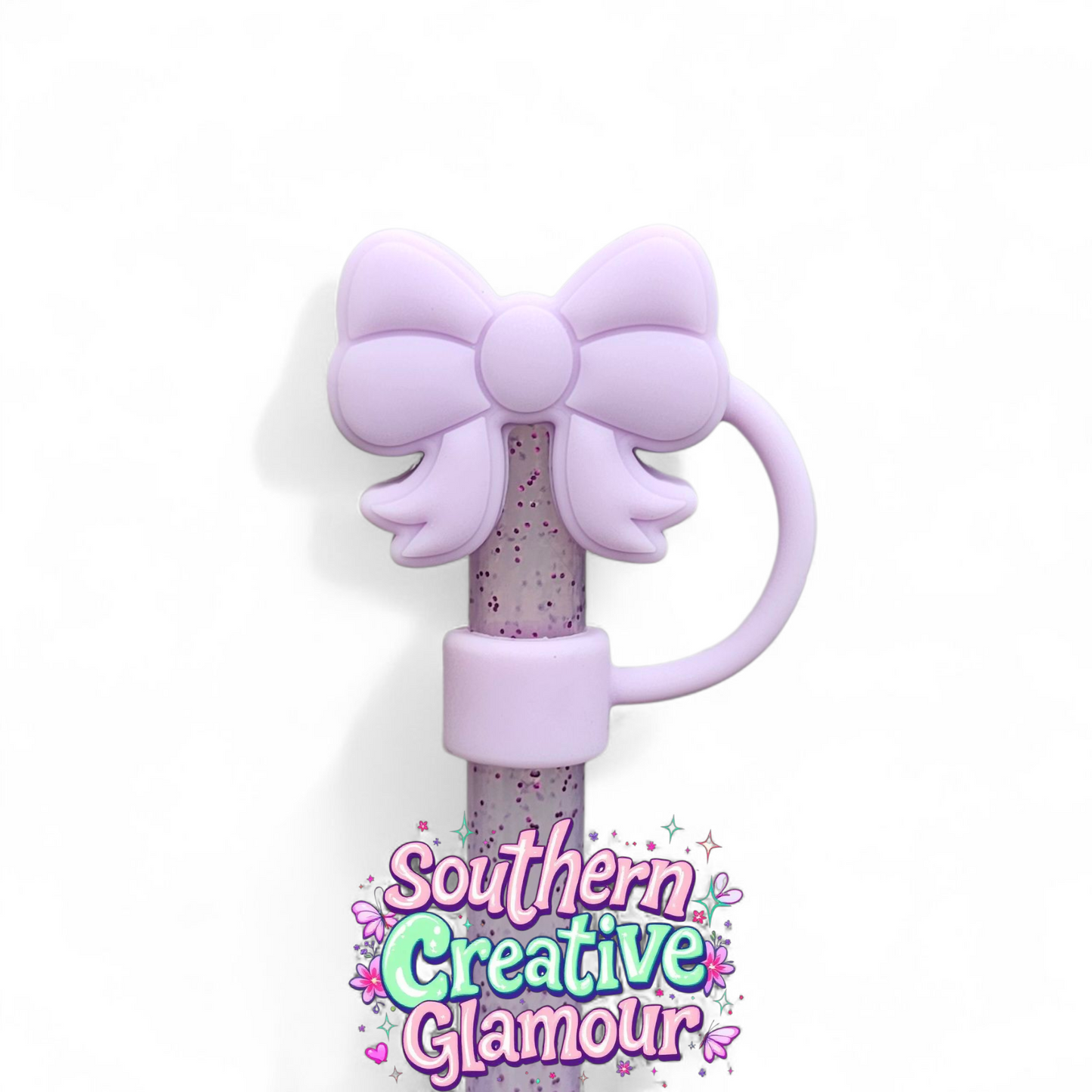 Lavender Purple Girly Coquette 3D Ribbon Bow Silicone 10mm Straw Toppers by Southern Creative Glamour 