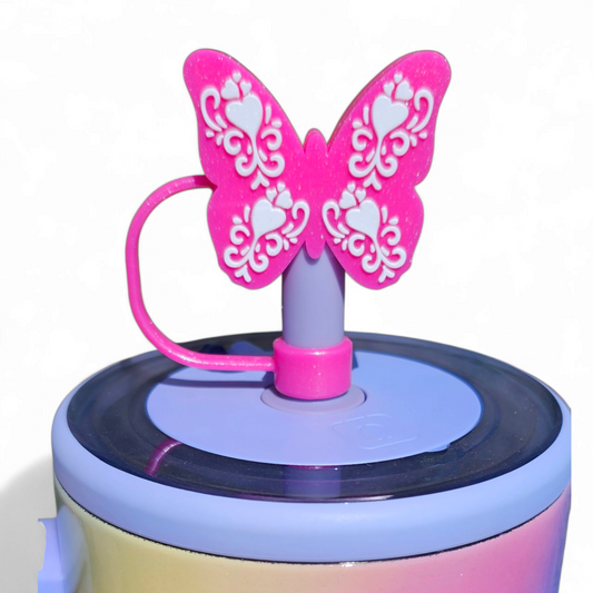 Hot Pink Shimmer Butterfly 3D Silicone 12mm Straw Topper for Brumate by Southern Creative Glamour 