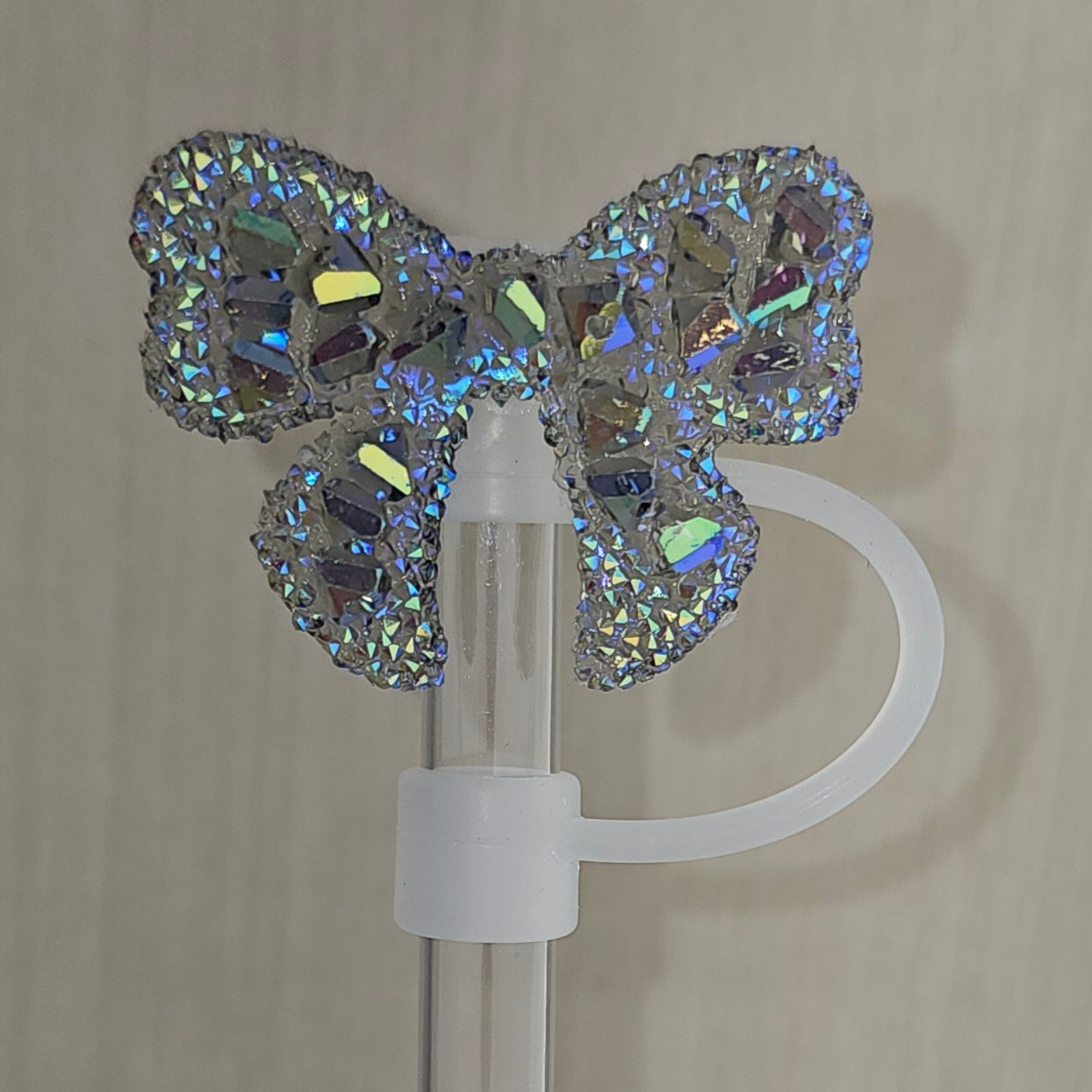 Ribbon Bow Glitter Silicone Straw Topper  - Rainbow Chrome