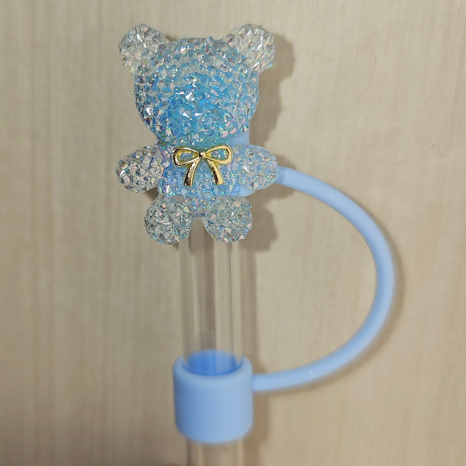 Deluxe Spring Blue and Gold  Glitter Teddy Bear Silicone Straw Topper  - Straw Cover 