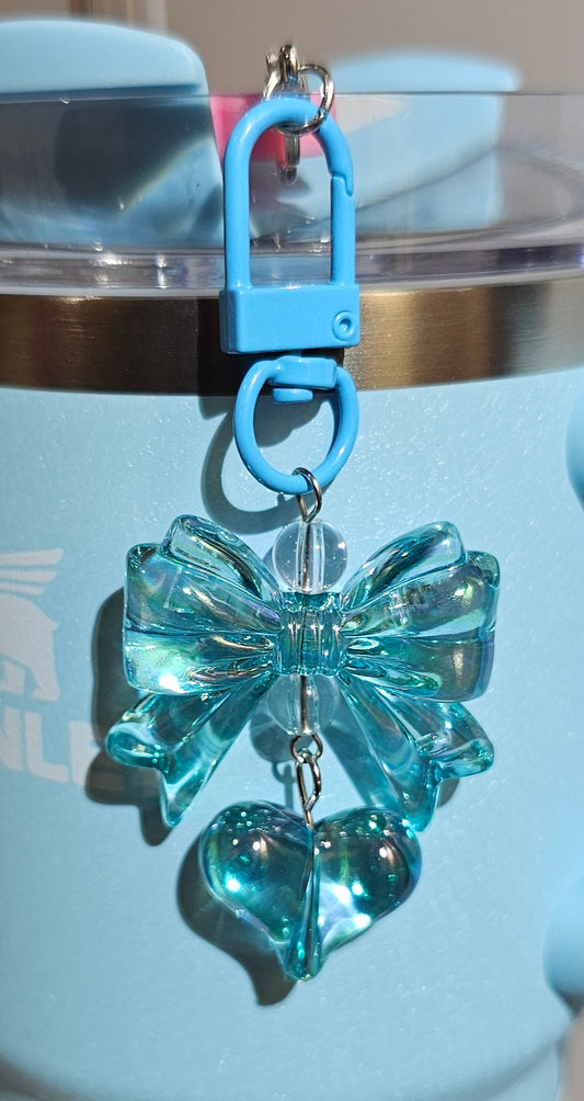 Iridescent Pearlescent Ribbon Bow and Heart Charm Pendant. Tiffany Teal Blue iridescent 