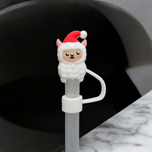Christmas white Llama 3D Silicone straw topper 