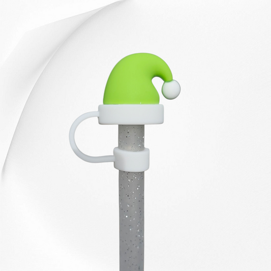 Grinch Green Christmas Santa Hat 3D Silicone Straw Topper. 