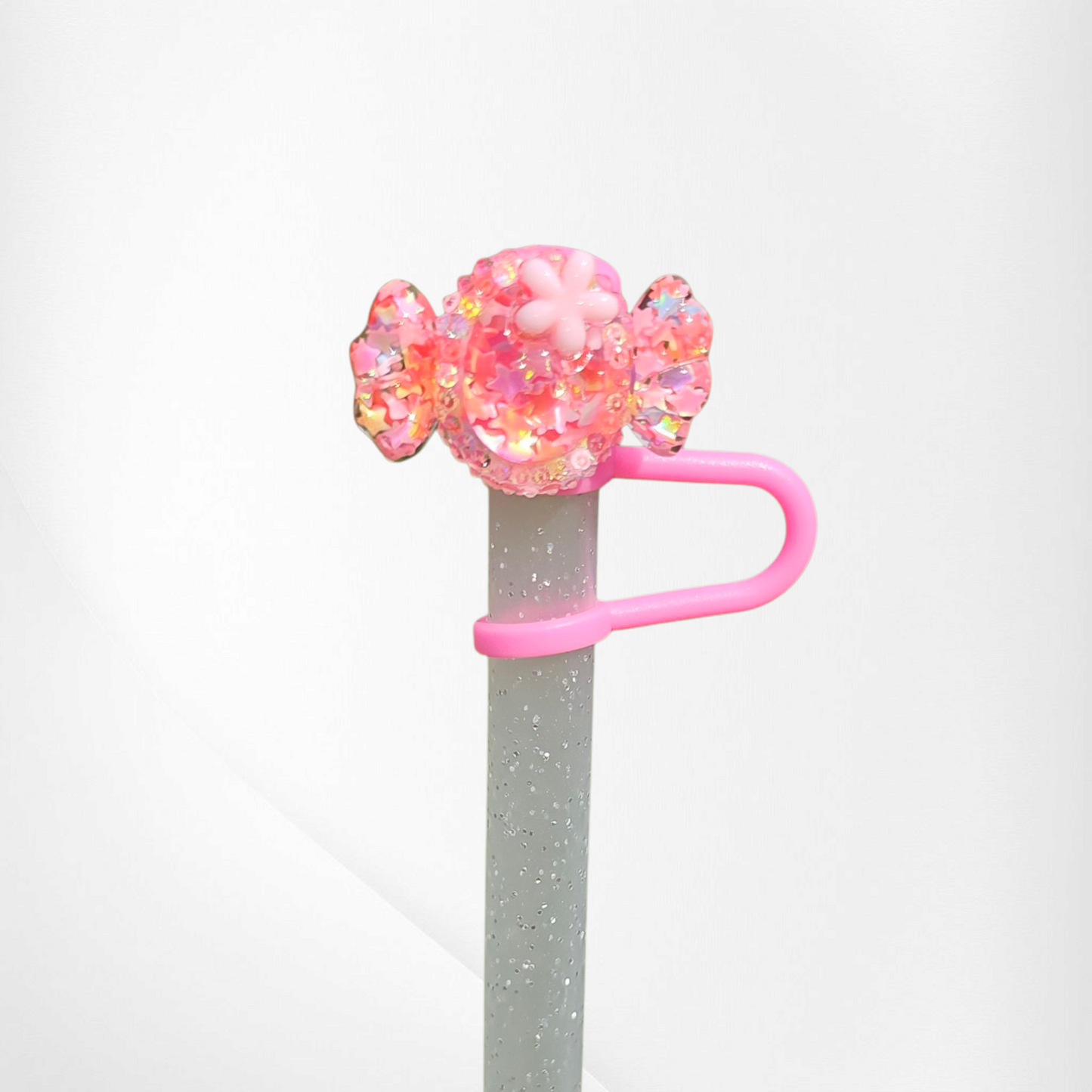 Bling Sequin Candy Silicone Straw Topper  - Rainbow Pink
