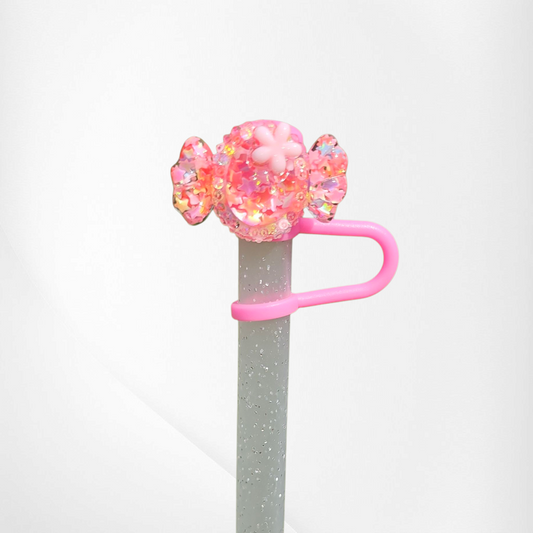 Bling Sequin Candy Silicone Straw Topper  - Rainbow Pink