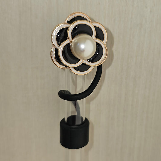 Luxury Black and Gold Flower with Faux Pearl Silicone Straw Topper - Elegant straw topper 