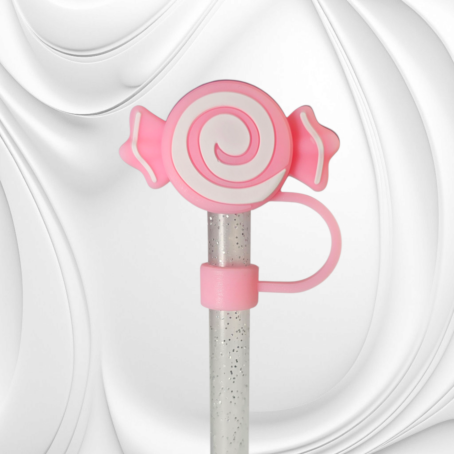 Pink and White Candy 3D Silicone Straw Topper