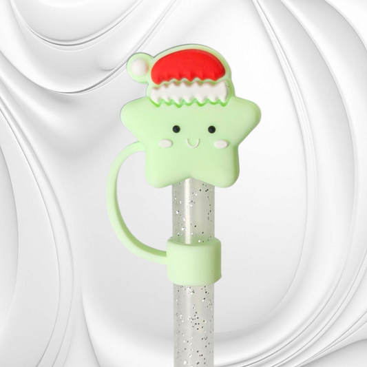 Mint Green Star wearing red Santa Hat 3D Silicone Straw Topper. 
