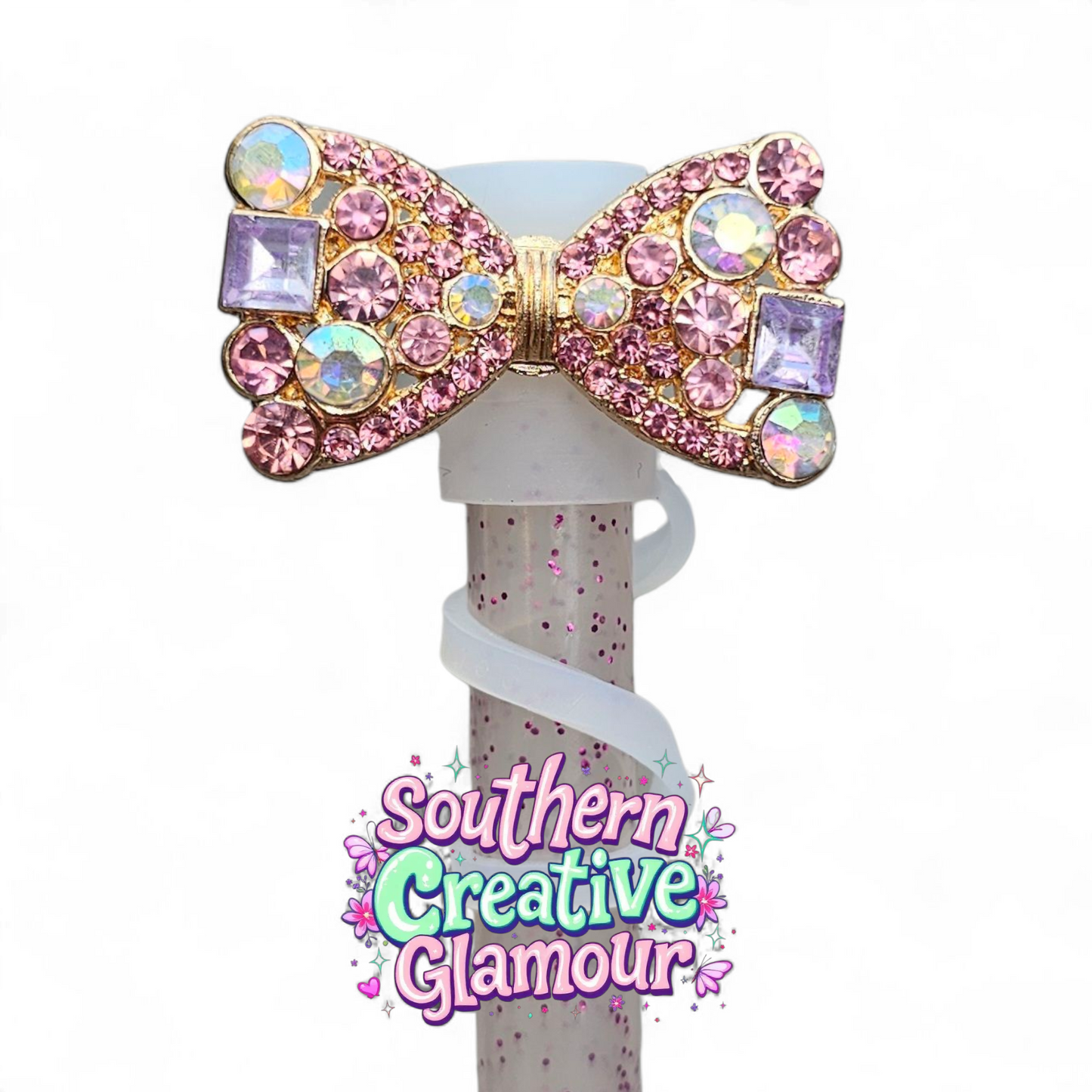 Pink | Rose Gold Diamond Bow Tie Silicone 10mm Straw Toppers 