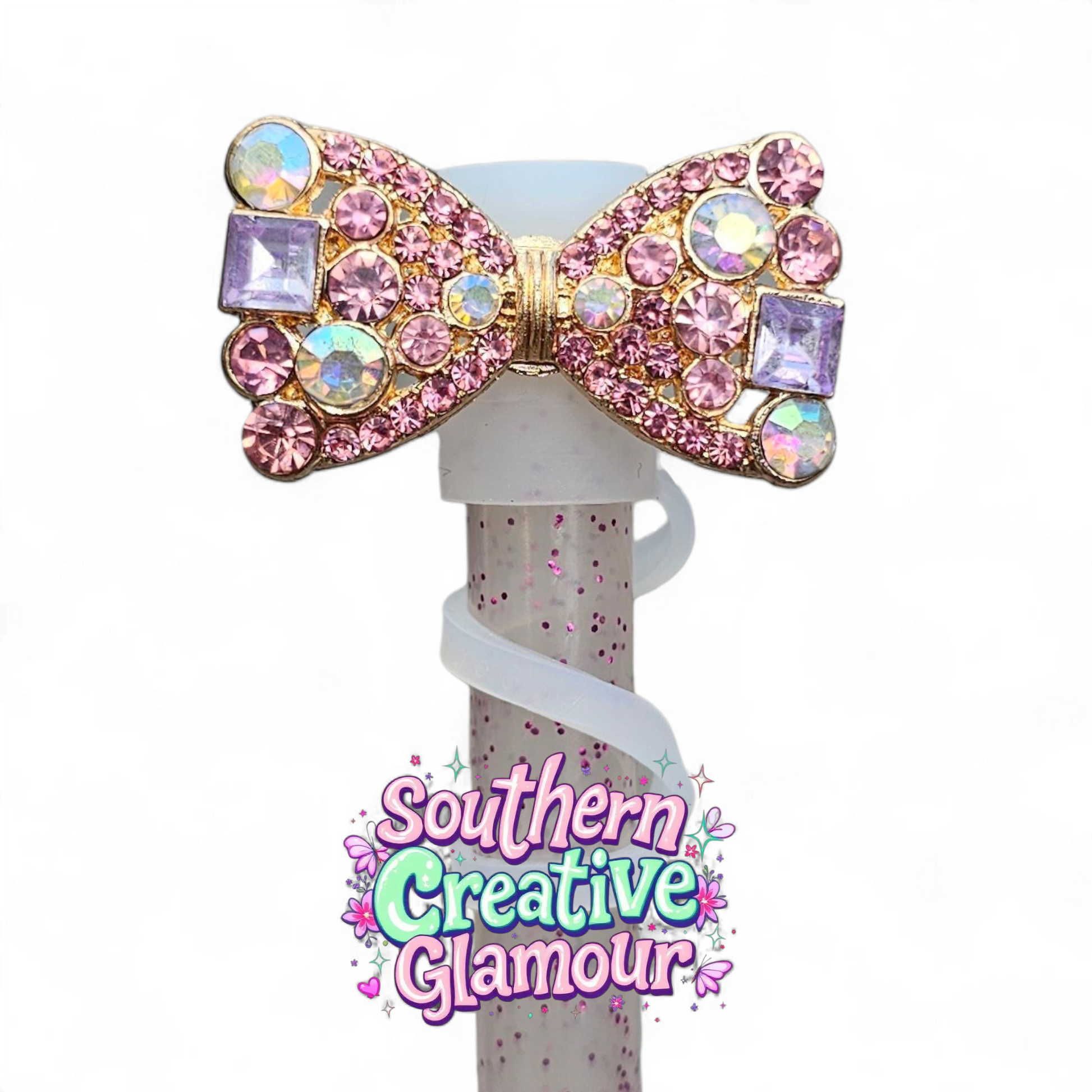 Pink | Rose Gold Diamond Bow Tie Silicone 10mm Straw Toppers 