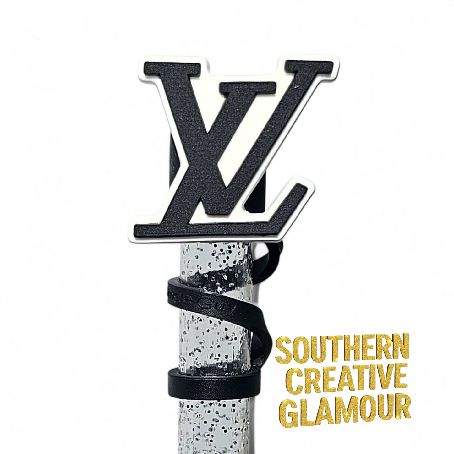 Louis Vuitton " LV " Black & White Fashion 2D Silicone 10mm Straw Topper by Southern Creative Glamour 