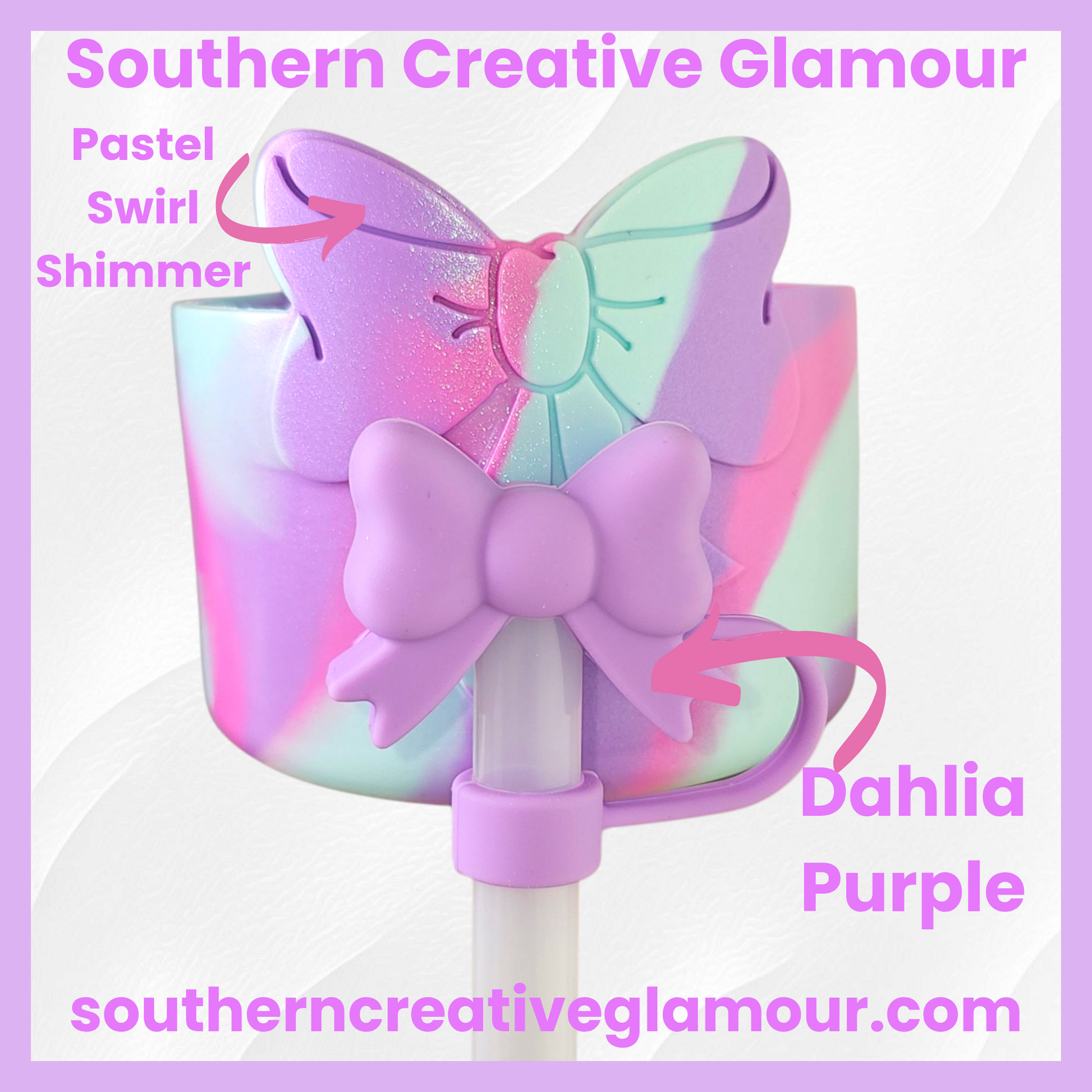 Pastel Swirl Shimmer Bow Silicone Tumbler Boot and Matching purple bow silicone 10mm Straw Topper by Southern Creative Glamour 