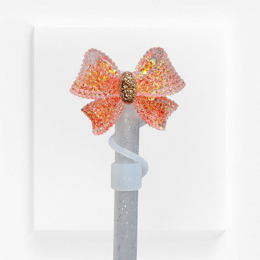 Coral Glitter Ribbon Bow Silicone Straw Topper by Southern Creative Glamour 