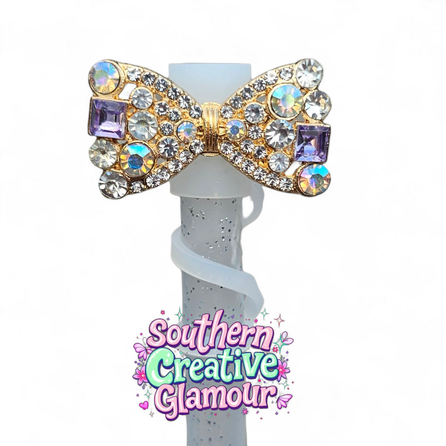 Gold Diamond Bow Tie Silicone 10mm Straw Toppers by Southern Creative Glamour 