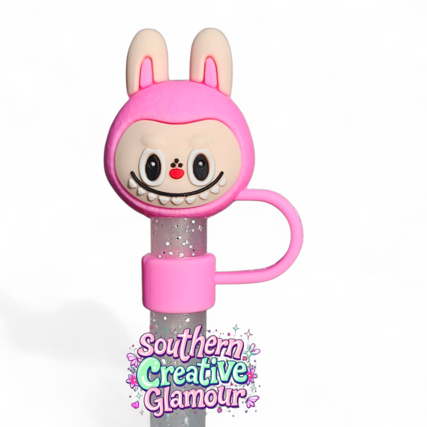 Hot Pink Labubu inspired 3D 10mm Straw Toppers by Southern Creative Glamour 