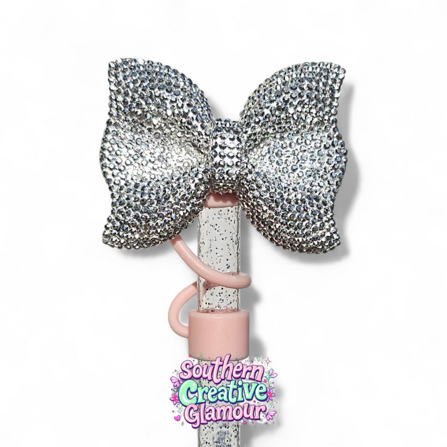 Silver Glitter Bow 10mm Straw Topper