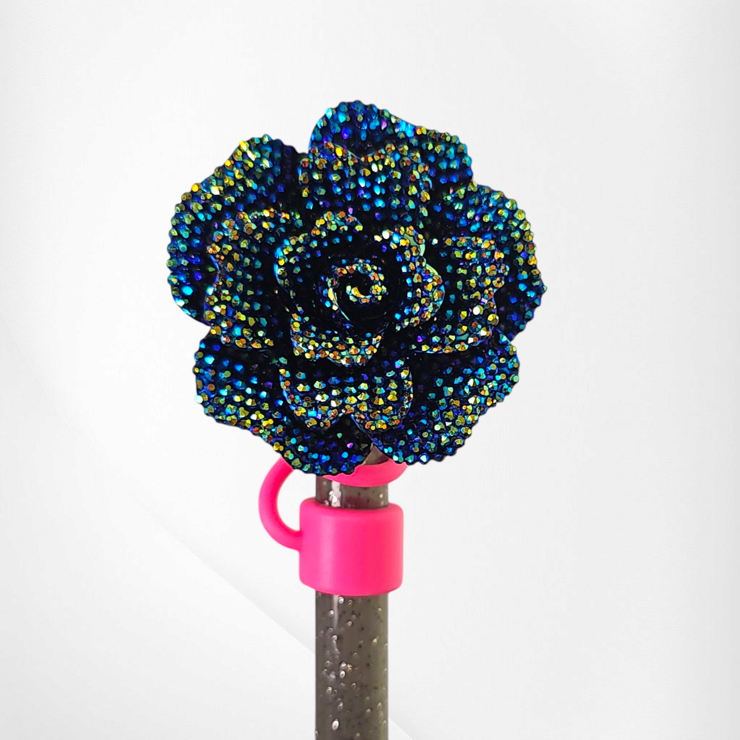 Black Chroma Glitter Rose Straw Topper with Barbie Pink Straw cap base. 