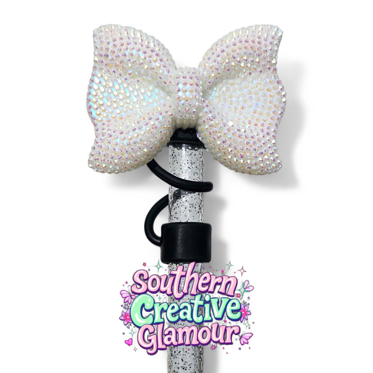 White Glitter Bow Tie Silicone Straw Topper with Black 10mm Silicone Straw Topper Cap by Southern Creative Glamour 