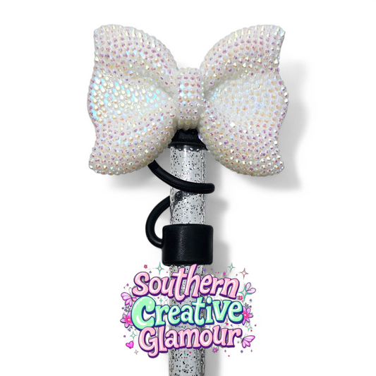 White Glitter Bow Tie Silicone Straw Topper with Black 10mm Silicone Straw Topper Cap by Southern Creative Glamour 