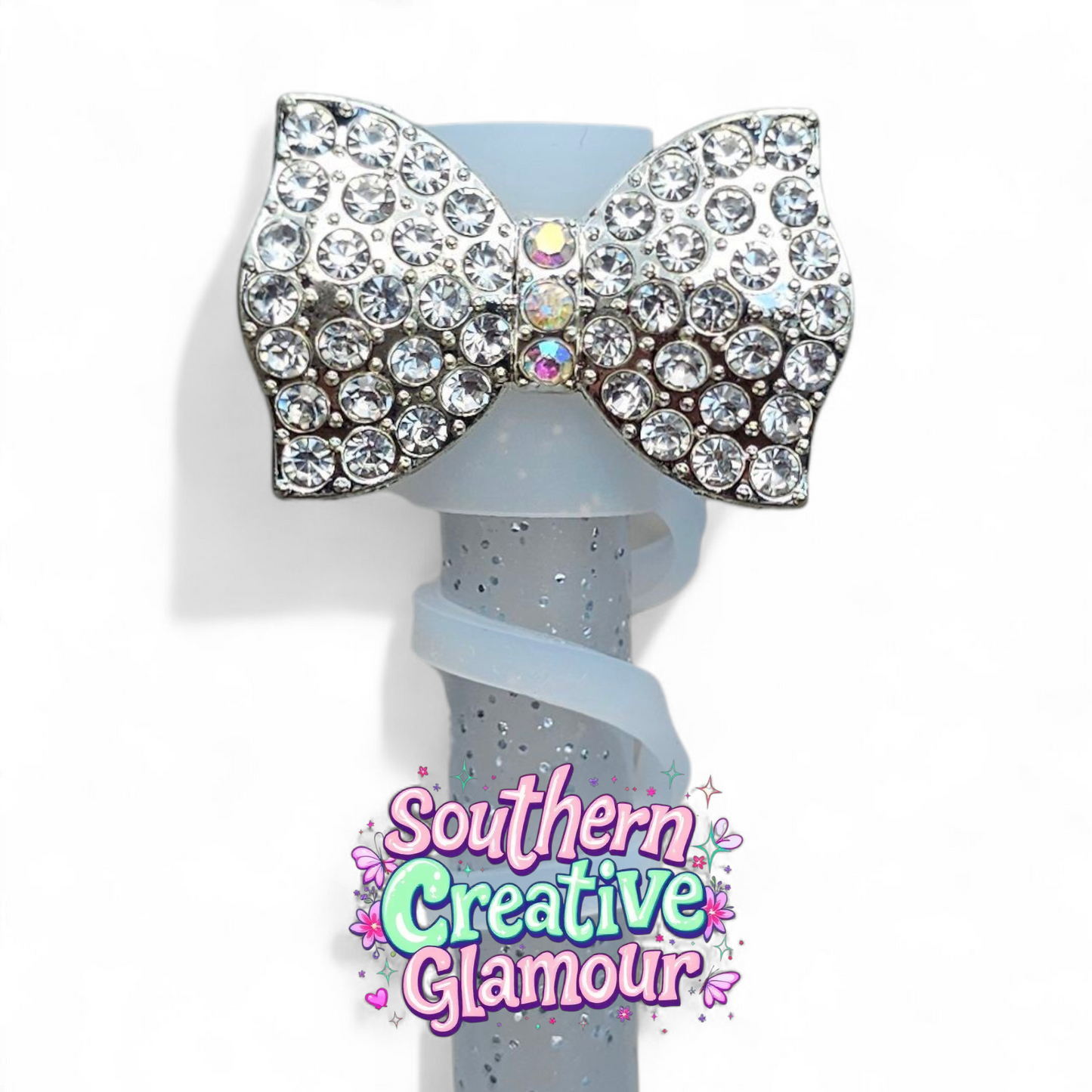 Silver Diamond Bow Tie Silicone 10mm Straw Toppers 