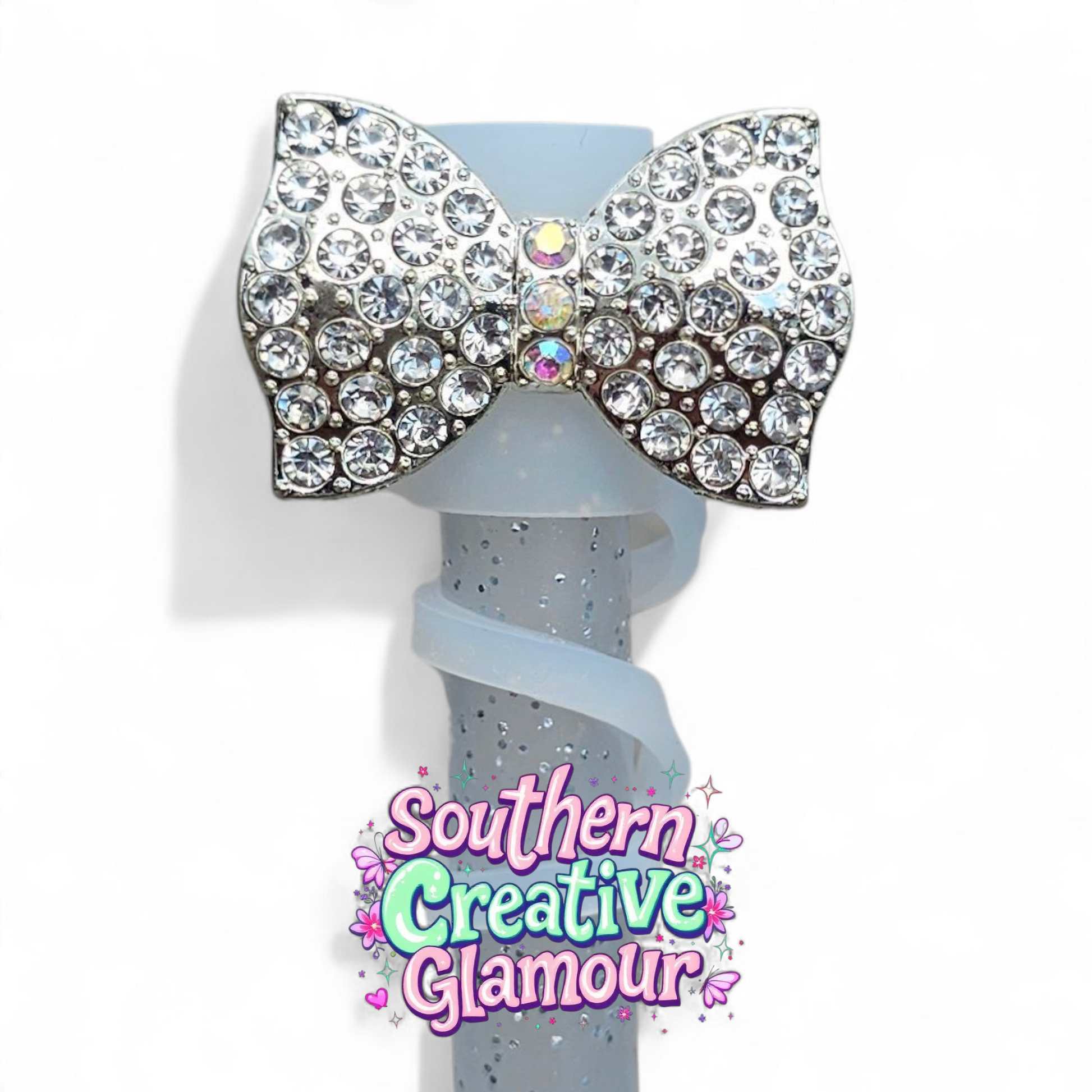 Silver Diamond Bow Tie Silicone 10mm Straw Toppers 