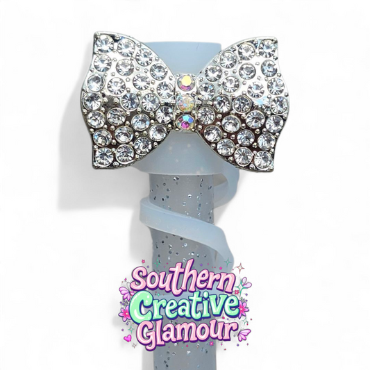 Silver Diamond Bow Tie Silicone 10mm Straw Toppers 