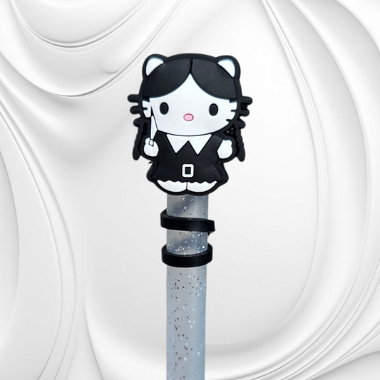 Wednesday Adams Hello Kitty inspired Halloween Silicone Straw Topper. 