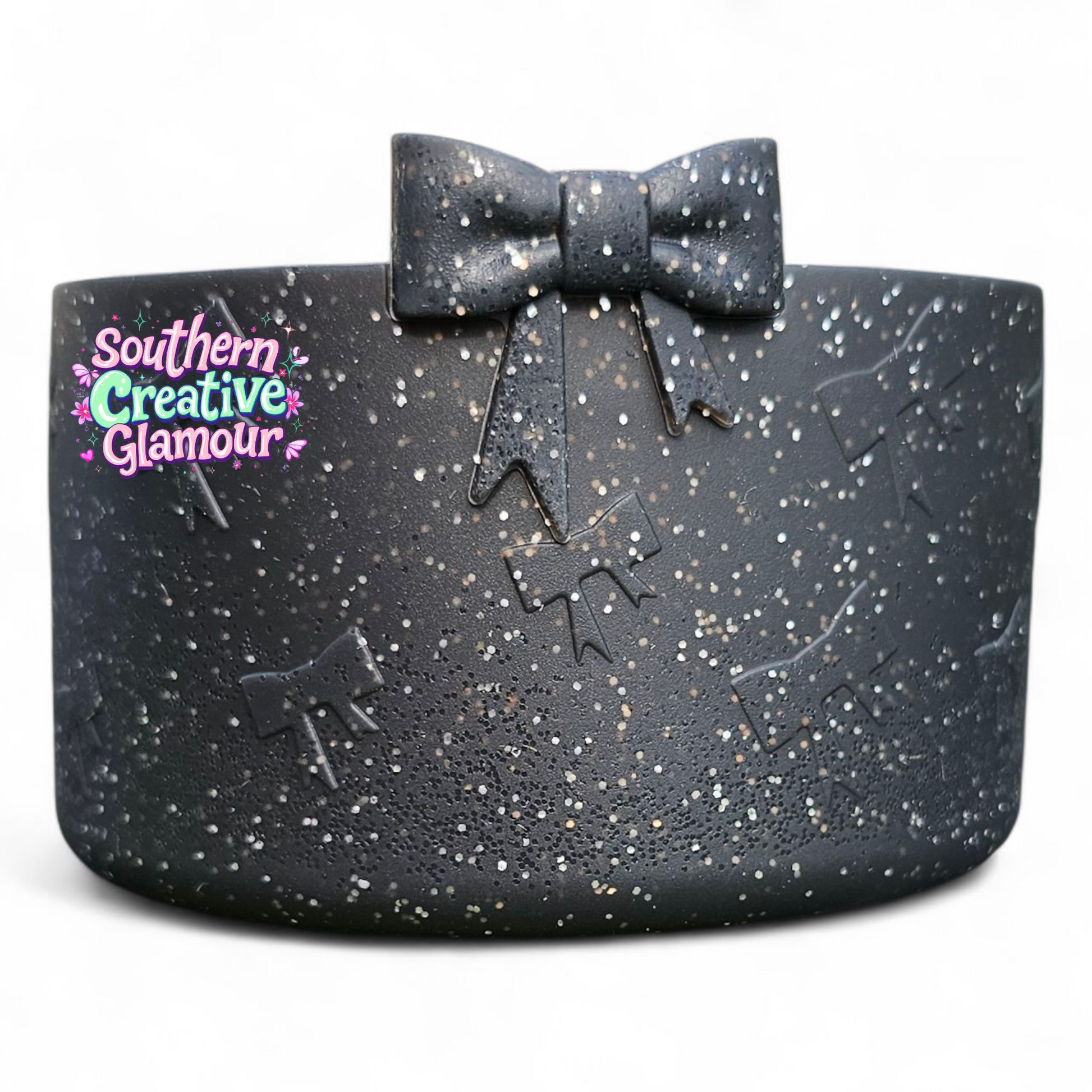 Black glitter 3D bow silicone tumbler boot by Southern Creative Glamour 