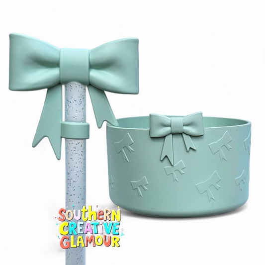 Pale Green 3D Bow Silicone Tumbler Boot & 3D Pale Green 3D Bow Straw Topper Set by Southern Creative Glamour 