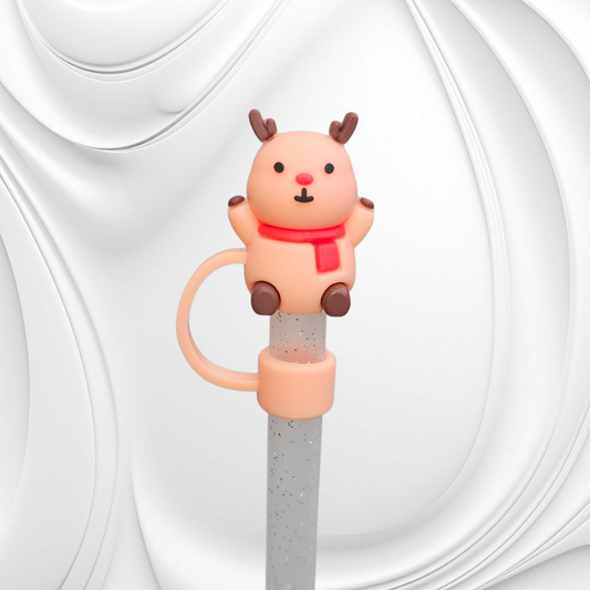 Cute Holiday Rudolph the Red Nose Reindeer 3D Silicone Straw Topper. 