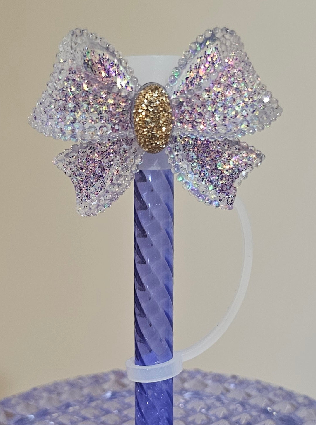 Purple and Gold Ribbon Bow Silicone Straw Topper  - Straw Cover  - 8mm