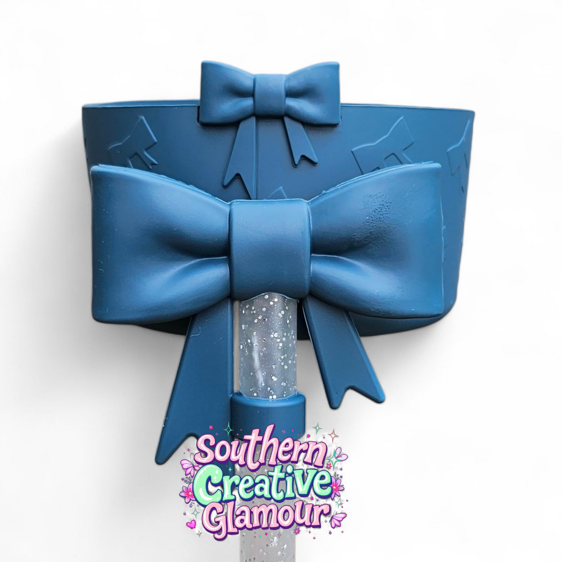 Nightfall Blue 3D Bow Textured Silicone Tumbler Boot & Bow 10mm Straw Topper Set by Southern Creative Glamour 