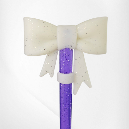 Coquette Ribbon BOW 3D Silicone Straw Topper  - White Glitter