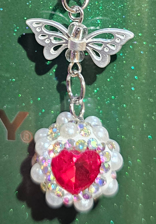 Iridescent Pearlescent Rose Red Heart Jewel trimmed with White Rhinestone Glitter Charm Pendant