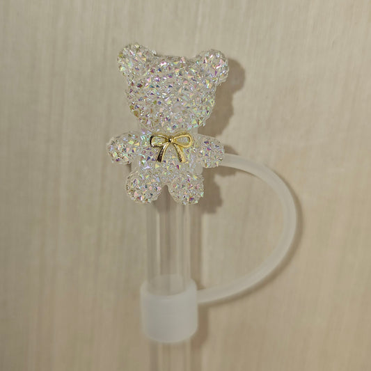 Deluxe white and Gold  Glitter Teddy Bear Silicone Straw Topper  - Straw Cover 