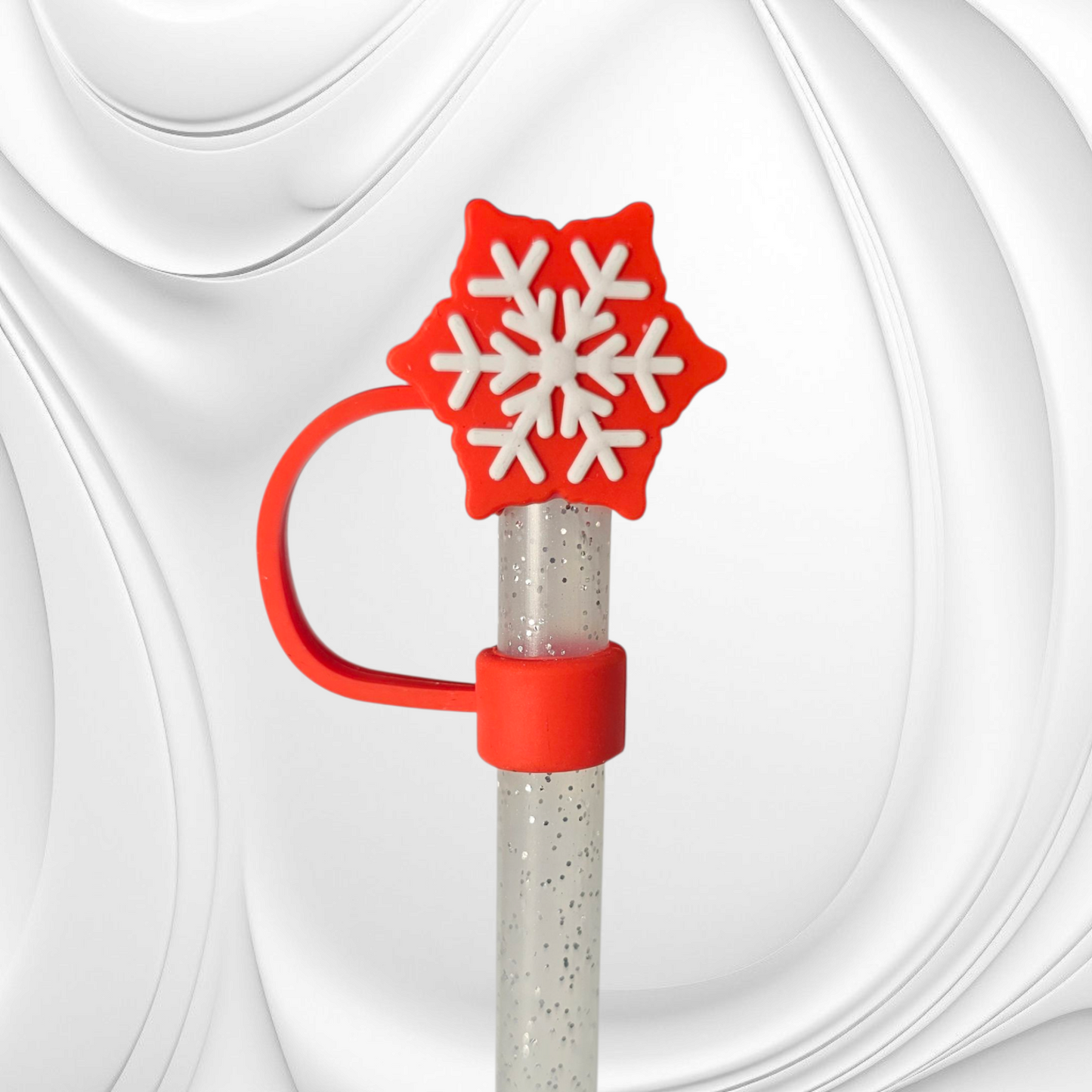 Red and White Christmas Snowflake Mini 3D Silicone Straw Topper 