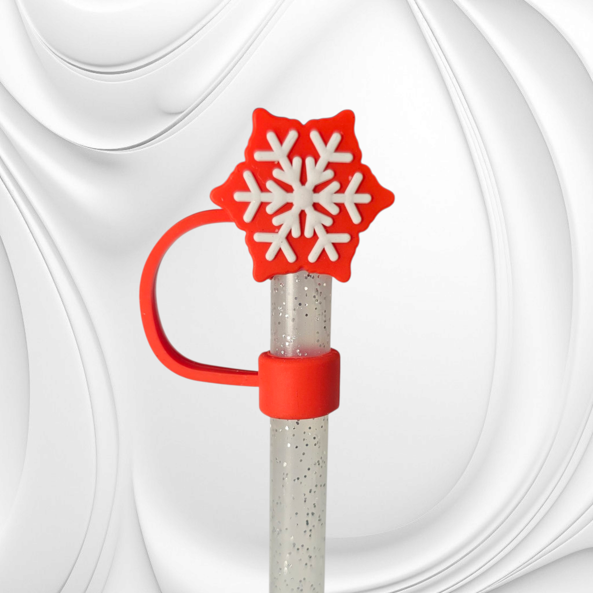 Red and White Christmas Snowflake Mini 3D Silicone Straw Topper 