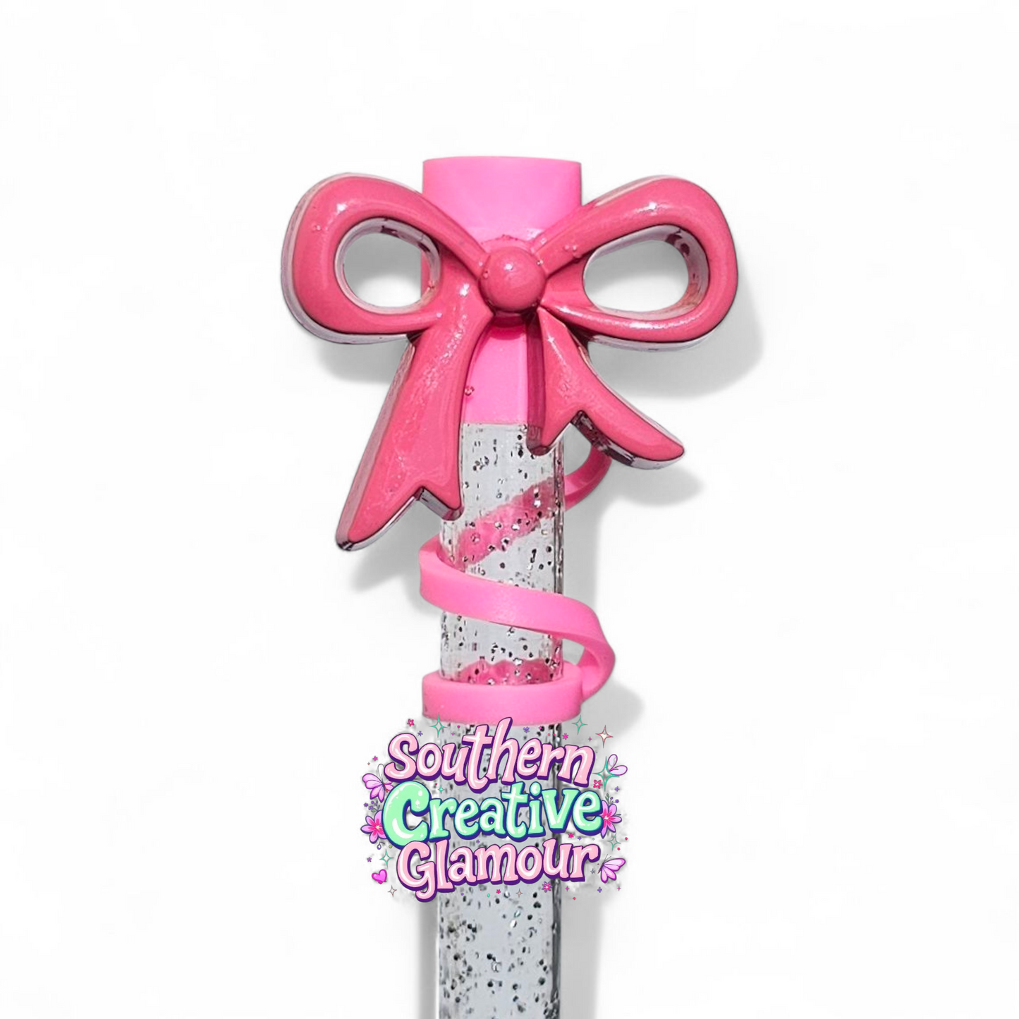 Pink Ribbon Bow Silicone 10mm Straw Toppers