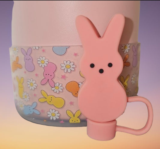 Peeps Easter Bunny clear Silicone Tumbler Boot & Pink Peeps Easter Bunny 3D Silicone Straw Topper. 