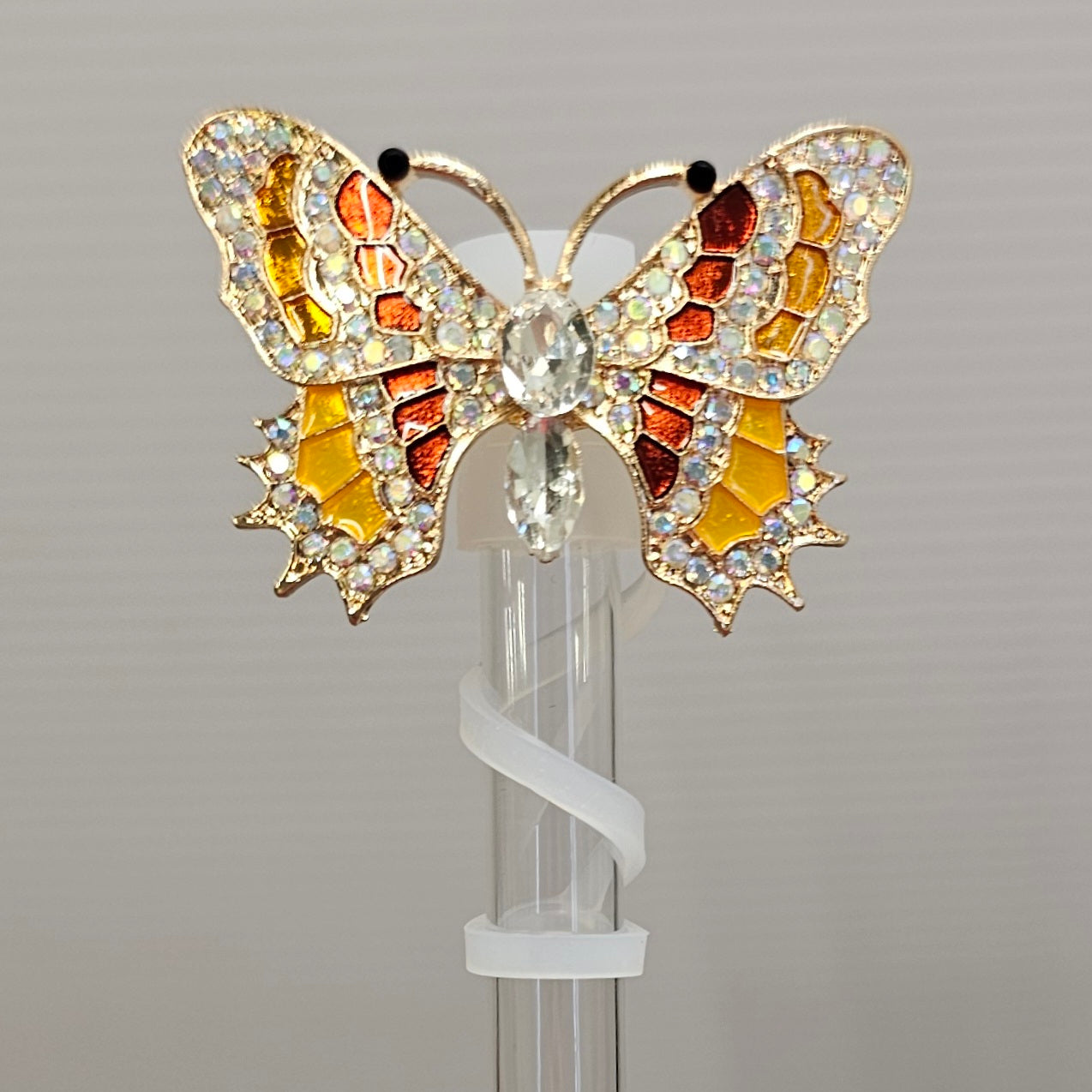 Luxury metal gold, orange, and diamond butterfly straw topper - straw cover. 