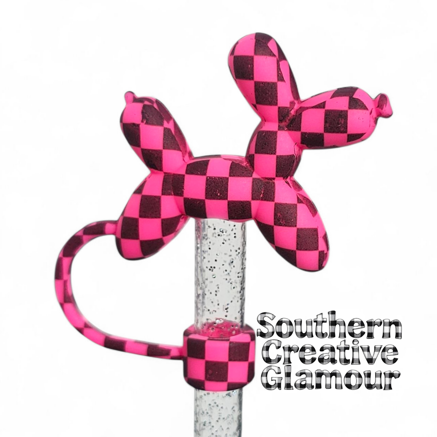 Pink Galaxy Checkers Balloon Dog 10mm Straw Topper