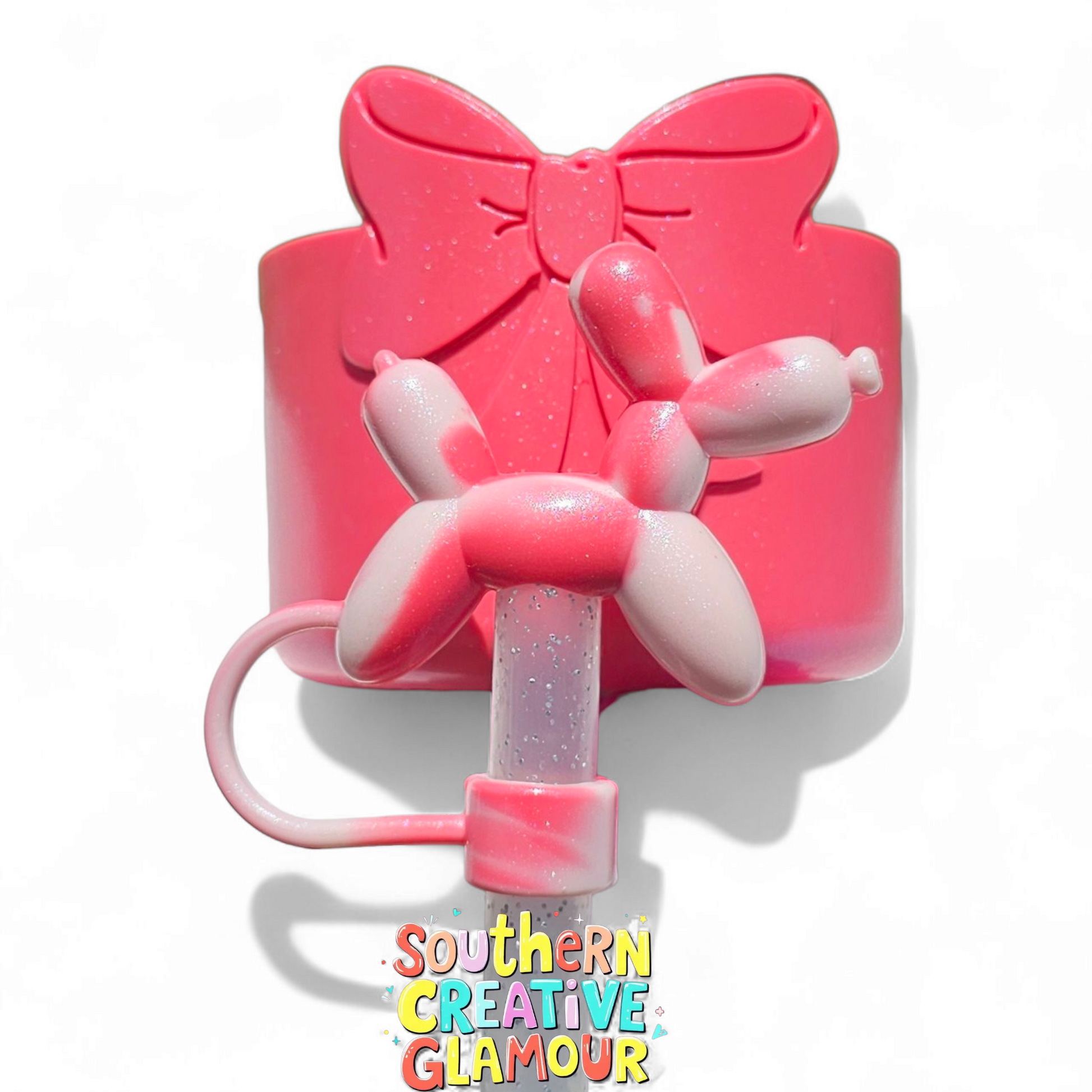Hot Coral Shimmer Balloon Dog Straw Topper and Matching Princess Bow Silicone Tumbler Boot by Southern Creative Glamour. 