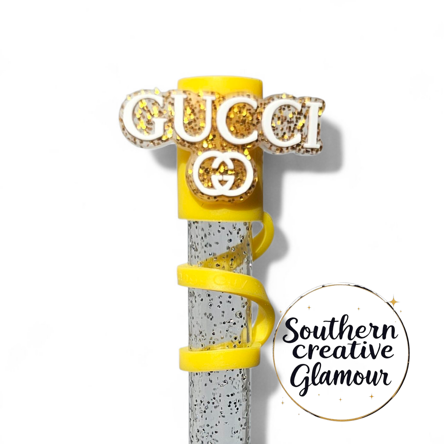 Gucci inspired Gold Glitter & White Fashion 2D Silicone 10mm Straw Topper by Southern Creative Glamour 