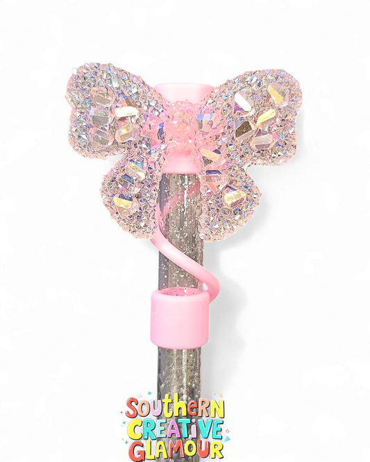 Sizzling Pink Glitter Ribbon Bow Silicone 10mm Straw Topper by Southern Creative Glamour 