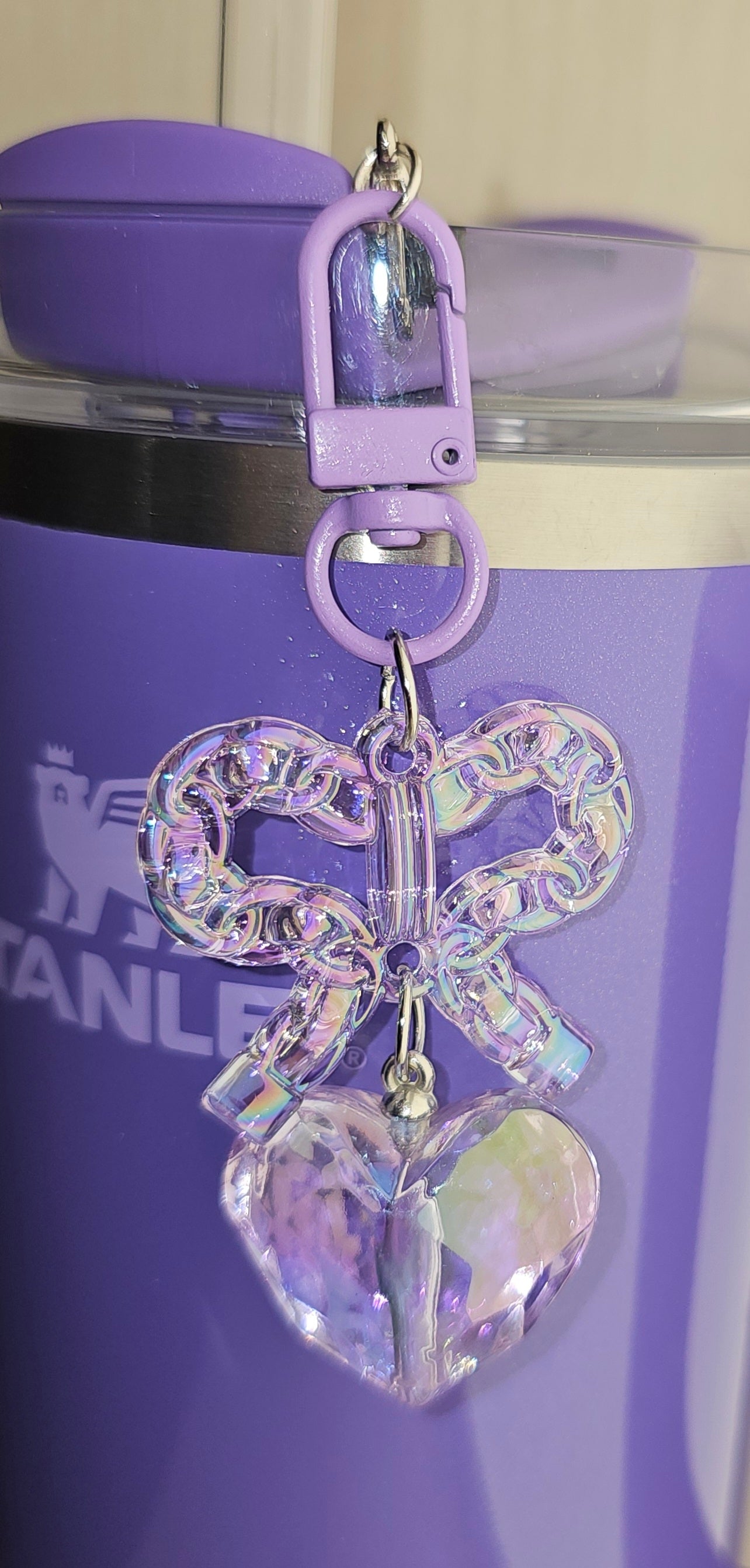 Lavender Purple Coquette Butterfly Ribbon Bow and heart charm pendant for Tumbler straw. 