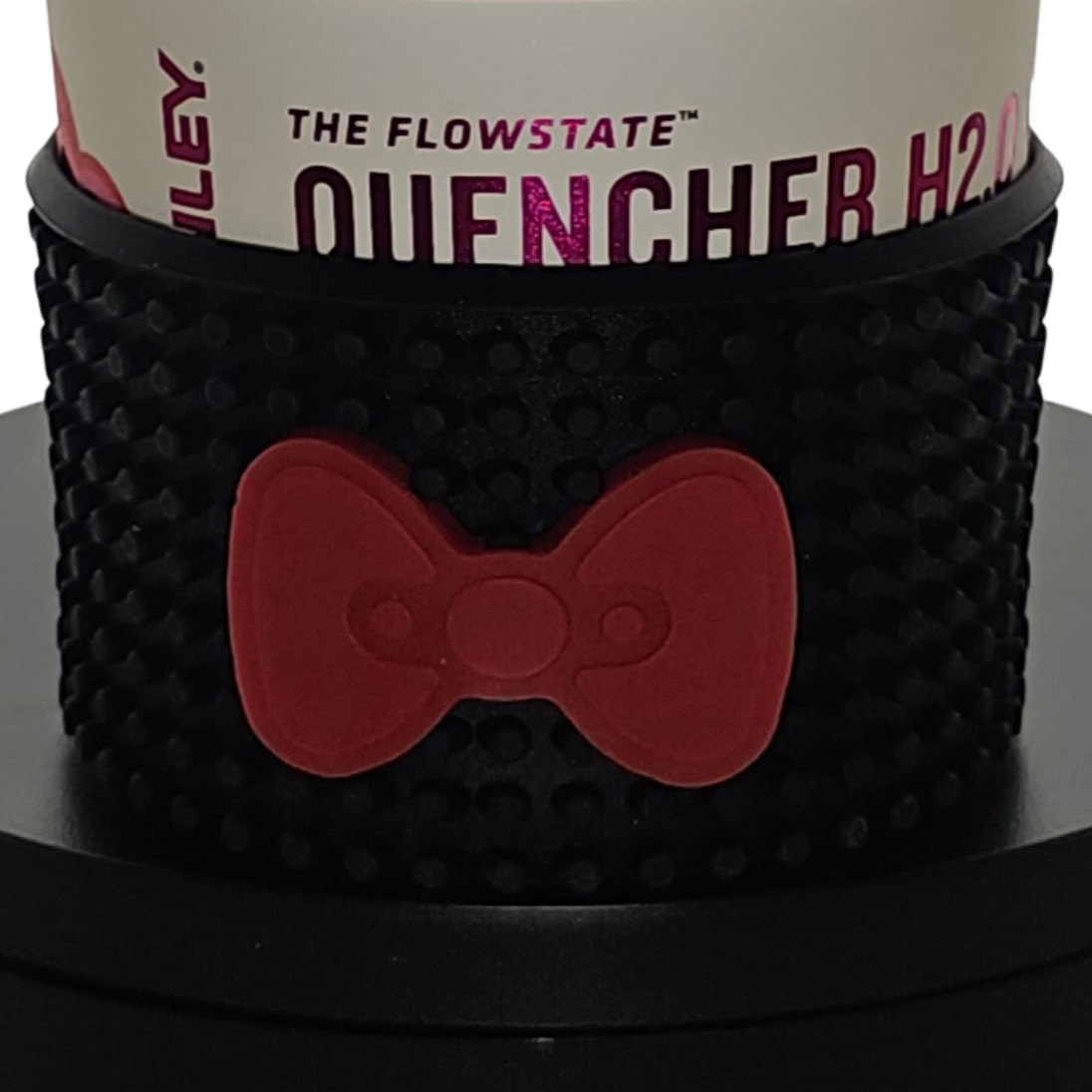 Example of red bow on Customizable Bow Silicone Tumbler Boot - Black